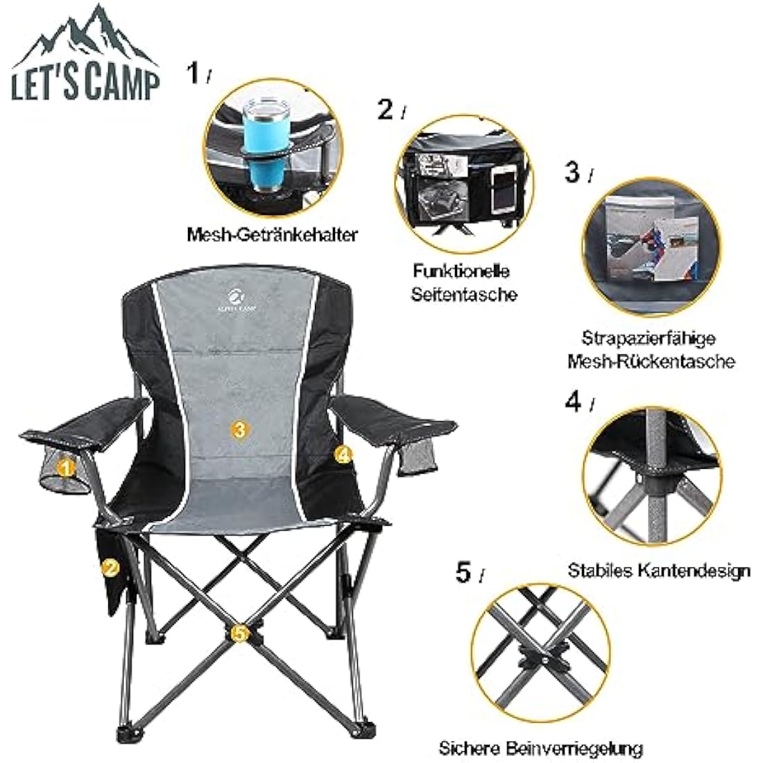 LET'S CAMP Camping Chair Foldable Fishing Chair, Heavy Duty Steel Frame Outdoor Chair with Cup Holder and Carrying Bag XL size up to 160kg