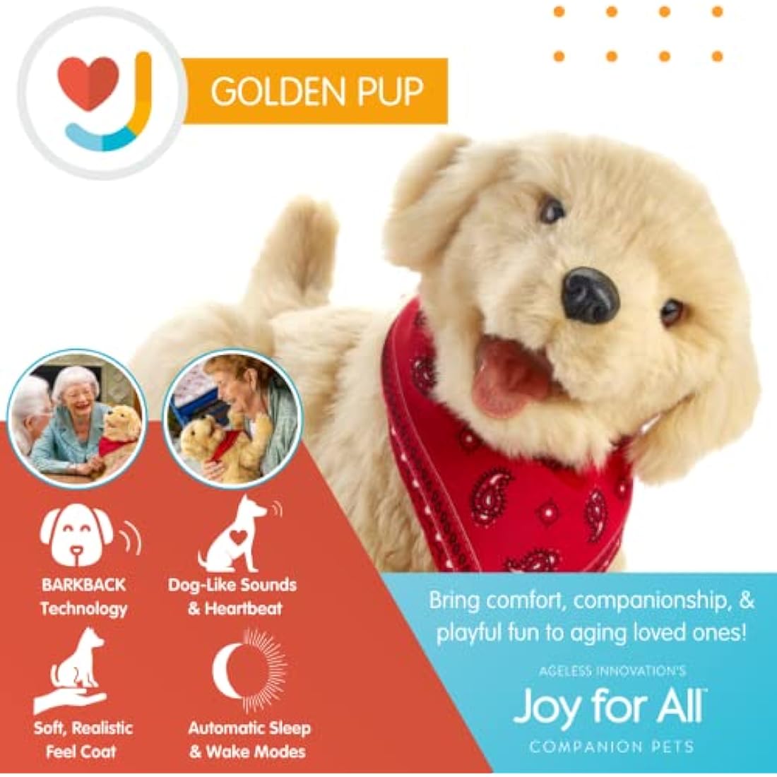 Ageless Innovation Joy For All Interactive Pet Dog - Lifelike & Realistic Companion with Soft Fur, Head and Tail Movements, Real-Feel Heartbeat and Two-Way Barkback Technology - Golden Pup