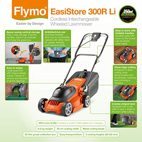 Flymo EasiStore 380R Electric Rotary Lawn Mower - 38 cm Cutting Width, 45 Litre Grass Box, Close Edge Cutting, Rear Roller, Central Height Adjust, Space Saving Storage Features