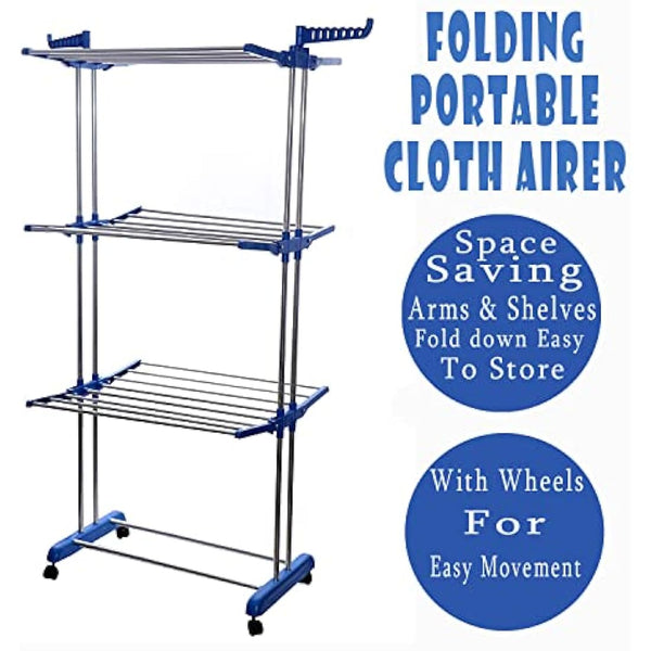 IFJA 4 Tier Airer Clothes Drying Rack | Adjustable Rolling Stainless Steel Laundry Rack Stand with Foldable Wings Casters for Indoor Outdoor | Garments Blue Hanger with Retractable Trays | 74x170x48cm