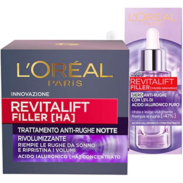 L'Oréal Paris Revitalift Filler Facial Serum Plumping Action + Revitalift Filler Anti-Wrinkle Volumizing Night Facial Treatment Cream - 2 Treatments with Hyaluronic Acid