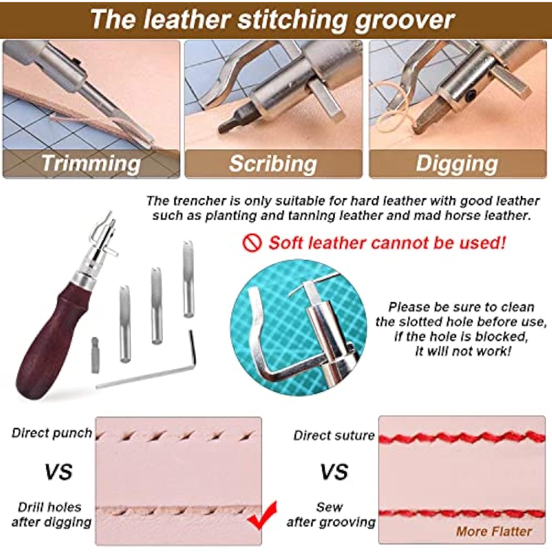 DIY Leather Craft Tools Kit Leather Kits Leather Craft Tools Set Leather Working Tools Incl Nylon Hammer Waxed Thread Stitching Groover Prong Punch Tools for Hand Leather Craft Making Sewing Stitching