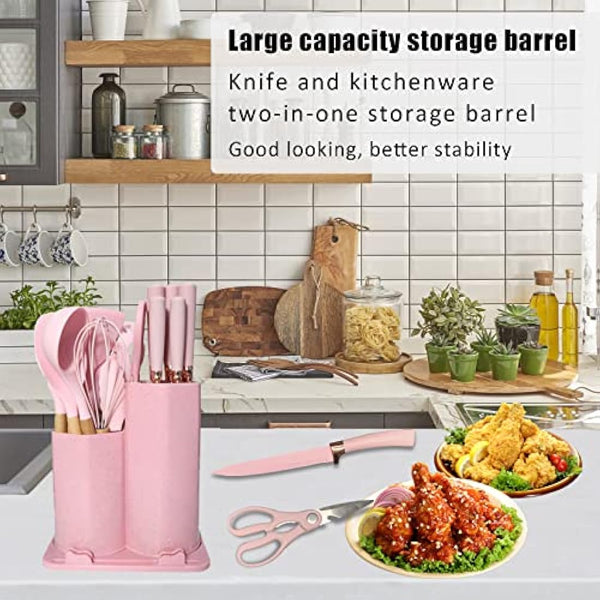 DLD New 29-Piece kitchenware,Cooking Gifts,Non-Stick Pans,Shovels, Spoons,Cutting Utensils,Wooden Handles,Heat-Resistant Silicone,Cutting Boards,Storage Barrels,Kitchen Gadget Sets