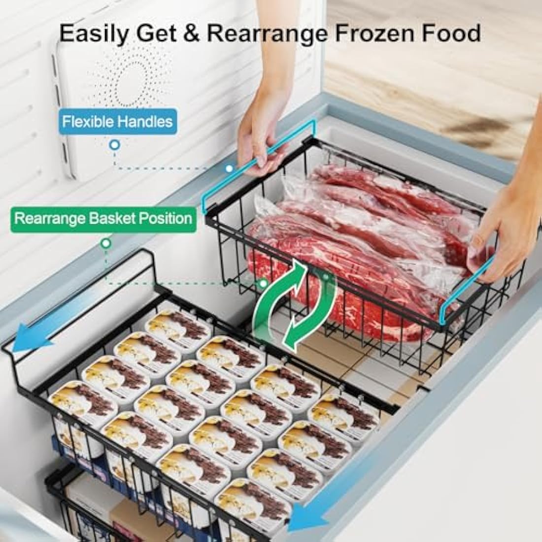 iSPECLE 2 Pack Hanging Freezer Baskets - Fit 283 to 566L Depp Freezers, Expandable Large Chest Freezer Baskets Add Space Easy Slide to Get Bottom Food, Black