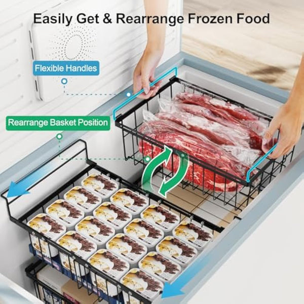 iSPECLE 2 Pack Hanging Freezer Baskets - Fit 283 to 566L Depp Freezers, Expandable Large Chest Freezer Baskets Add Space Easy Slide to Get Bottom Food, Black
