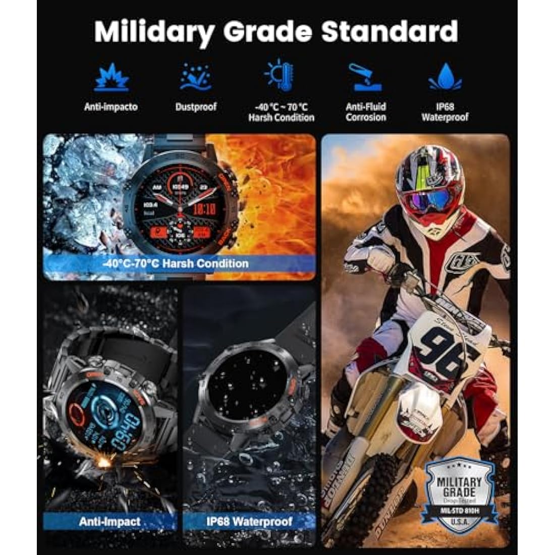 FEELNEVER Military Smart Watch for Men, Bluetooth Voice Call Compatible Android iOS Phone, 1.39" HD Smartwatch with Heart Rate Pressure Sleep Monitor 100+ Sports, IP67 Waterproof Watches with 3 Straps