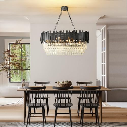 AOOCHOK Modern Crystal Chandelier Black Pendant Light Fixtures, Oval Crystal Pendant Lighting for Living Room, Dining Room, Bedroom, Restaurant, E14 x 8, 80 x 35 cm
