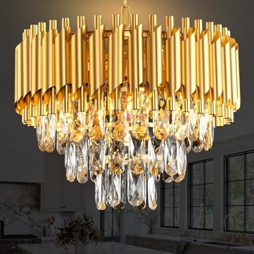 Gold Modern Crystal Chandeliers 3-Tier K9 Round Crystal Light Fixture Small Gold Chandeliers Ceiling Light Fixture for Dining Room Living Room Bedroom Entryway E14*5Light