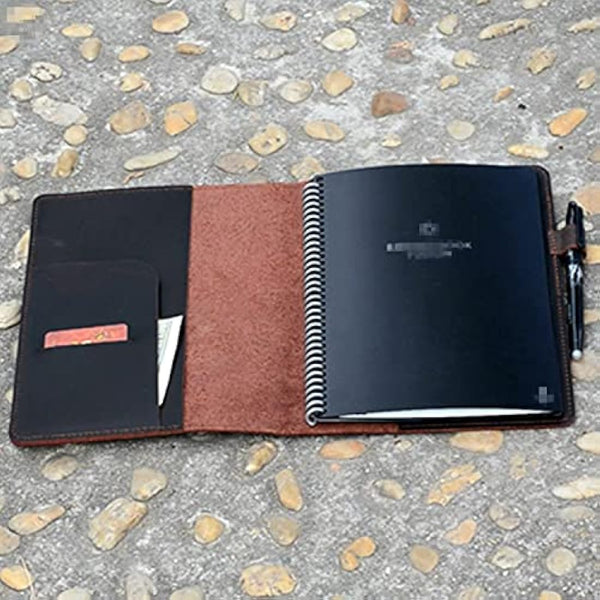 JJNUSA Compatible with Rocketbook Cover Smart Business Handmade Distressed Genuine Leather Notebook for Everlast Fusion Wave Moleskin A5 with Pen Loop & Card Holder Executive 8.8" x 6" Darkbrown