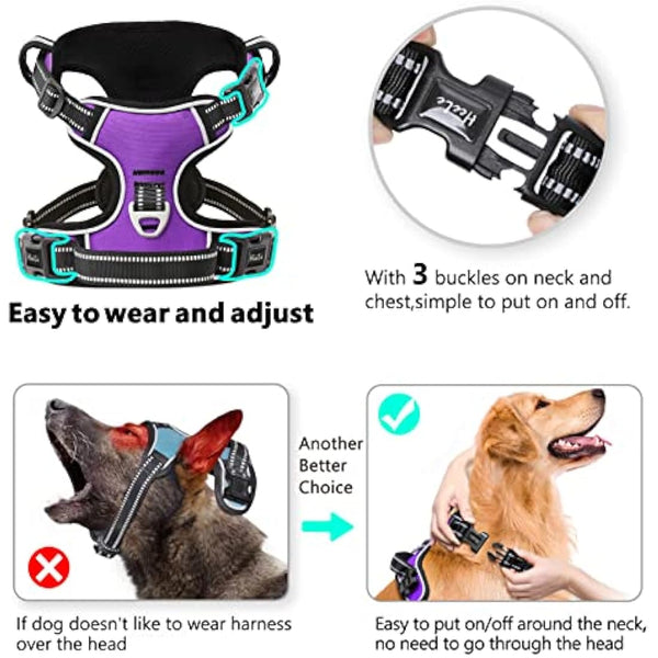 HEELE Dog Harness, No Pull Dog Harness Small, Release on Neck, Reflective Adjustable Dog Harness with Front Back 2 Leash Attachments and Soft Padded Control Handle for Dogs Walking Training, Purple, S