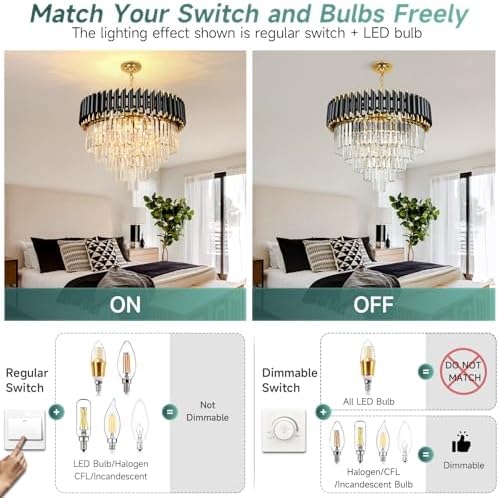 AOOCHOK Black and Gold Crystal Chandelier Pendant Light, Round Modern Crystal Chandelier for Dining Room, Living Room, Bedroom, Restaurant, E14 x 8, Φ60cm