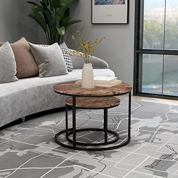 DUMEE Round Coffee Table, Set of 2 Side Table Nesting Table with Steel Frame and Wooden Top, for Living Room, Bedroom, Balcony, (Rustic Brown/Black, Dia 60/40cm)