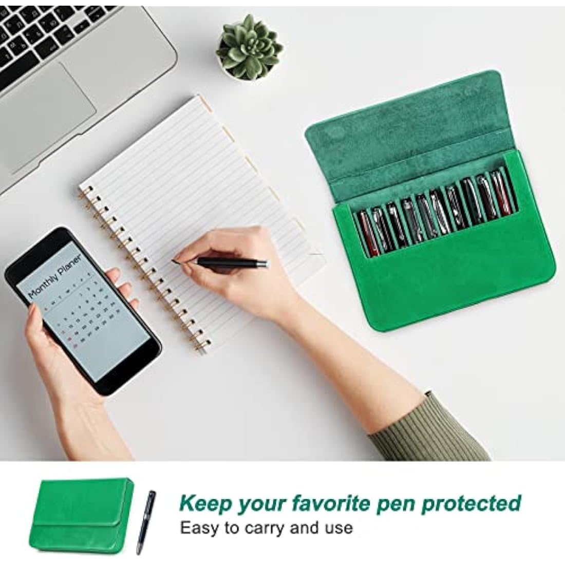 Hiram Leather Pen Case for 12 Pens Vegetable Tanned Leather Fountain Pen Storage Box with Hidden Magnetic Snap Closure and Pen Tray Design (Green)