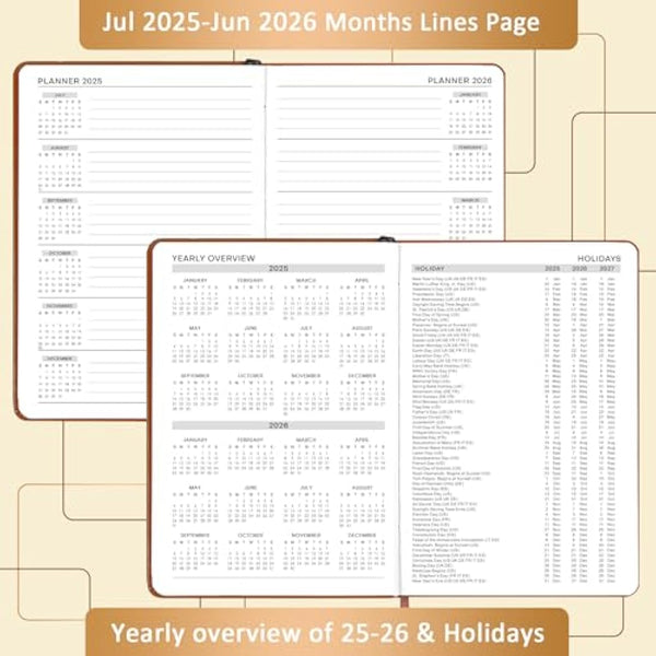 Academic Diary 2025-2026 - A5 diary 2025-2026 day per page from Jul. 2025 to Jun. 2025, Productivity planner 2025-2026 with Monthly Tabs, 14.8cm × 21.4cm - Brown