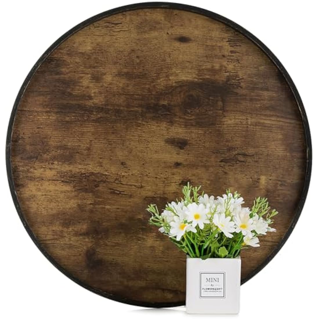 Hanobe Large Serving Tray Round: Decorative Coffee Table Tray for Ottoman Centrepiece Decor - Rustic Wooden Candle Platter for Dining Living Room Footstool 45 cm