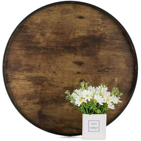 Hanobe Large Serving Tray Round: Decorative Coffee Table Tray for Ottoman Centrepiece Decor - Rustic Wooden Candle Platter for Dining Living Room Footstool 45 cm