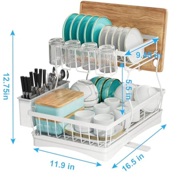 7 code Large Dish Drying Rack for Kitchen Counter,Detachable Large Capacity Dish Drainer Organizer with Utensil Holder,2-Tier Dish Drying Rack with Drain Board,White