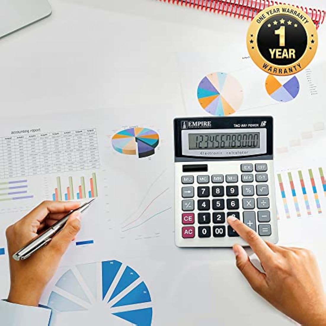 Empire Desk Calculator with Large Key Buttons, 12 Digits, Large Eye-Angled Display, Solar and Battery Powered for Home and Office (Included 2 Battery, 2 Pen and 1 Rubber)