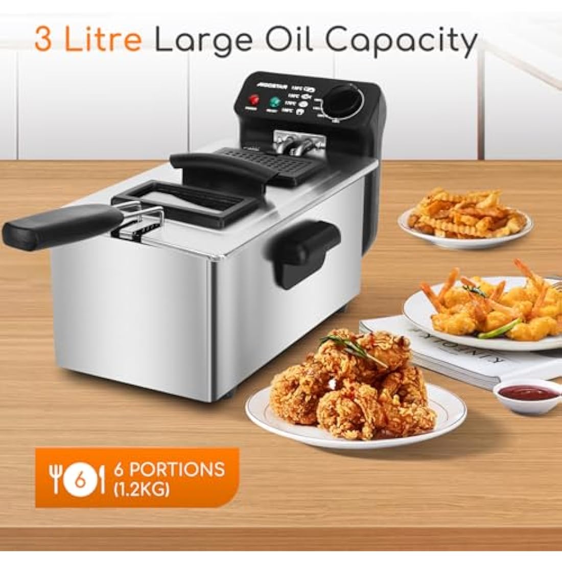 Aigostar Deep Fat Fryer 2200W, 3 Litre Deep Fryer Easy Clean, with Viewing Window, Stainless Steel, Temperature Control, Removable Oil Basket, Silver - Ushas 30JPN