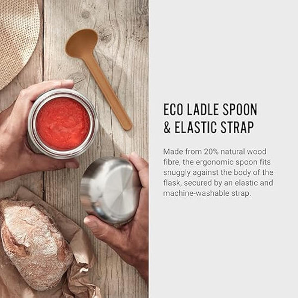 BLACK + BLUM - Food Flask - Vacuum Insulated 304 Stainless Steel Food Container with Leak Proof Lid, Nylon Strap and Natural Wood Fibre Spoon - Keeps Hot for 6 hrs, Cold for 8 hrs, Orange - 400ml