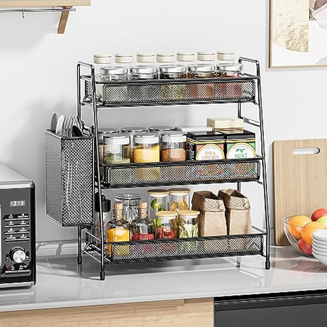 EKNITEY Bathroom Countertop Organiser Shelf - 3 Tier Counter Spice Rack Metal Makeup Rack Small Coffee Station Organizer for Sink/Bedroom/Living room/Kitchen/Office Balck