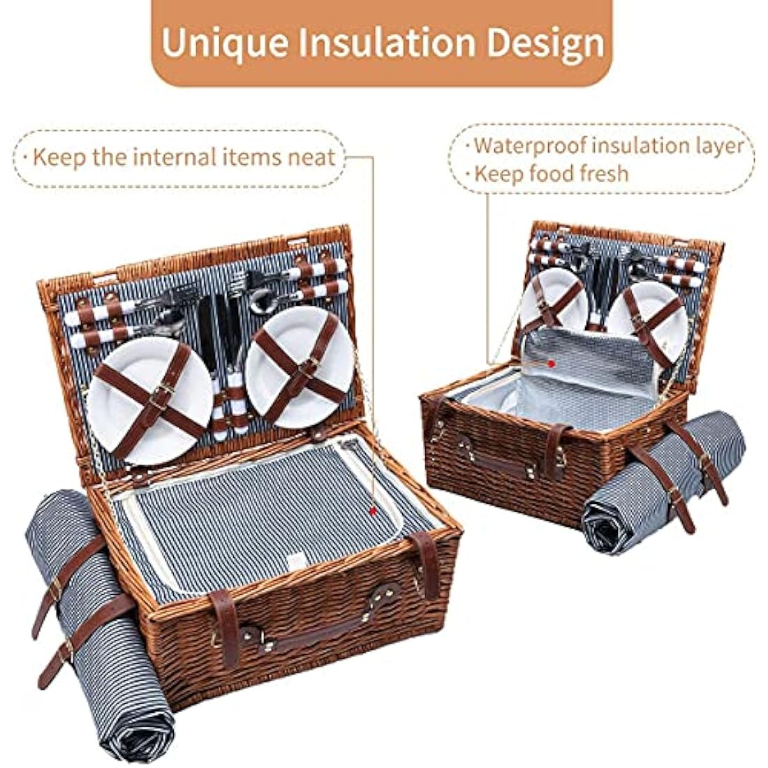 Picnic Basket for 4 Wicker Picnic Set with Large Insulated Cooler Compartment & Waterproof Blanket & Cutlery Service Kit Retro Classic Willow Picnic Hamper Set for Camping Outdoor Party