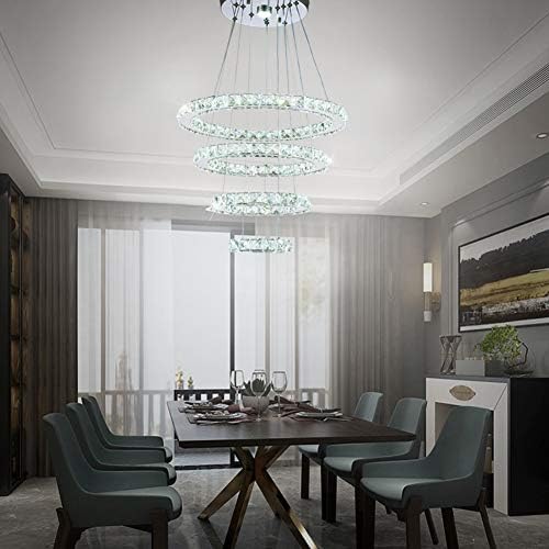 diisunbihuo Modern Crystal Chandeliers LED 4 Rings Pendant Light Adjustable Stainless Steel Ceiling Light Fixture for Living Room Dining Room Bedroom (Cool White,Non-dimmable)