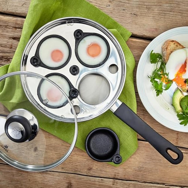 Judge Essentials Four-Cup Egg Poacher and Stainless Steel Frying Pan, 20cm, Vented Glass Lid and Stay-Cool Handle