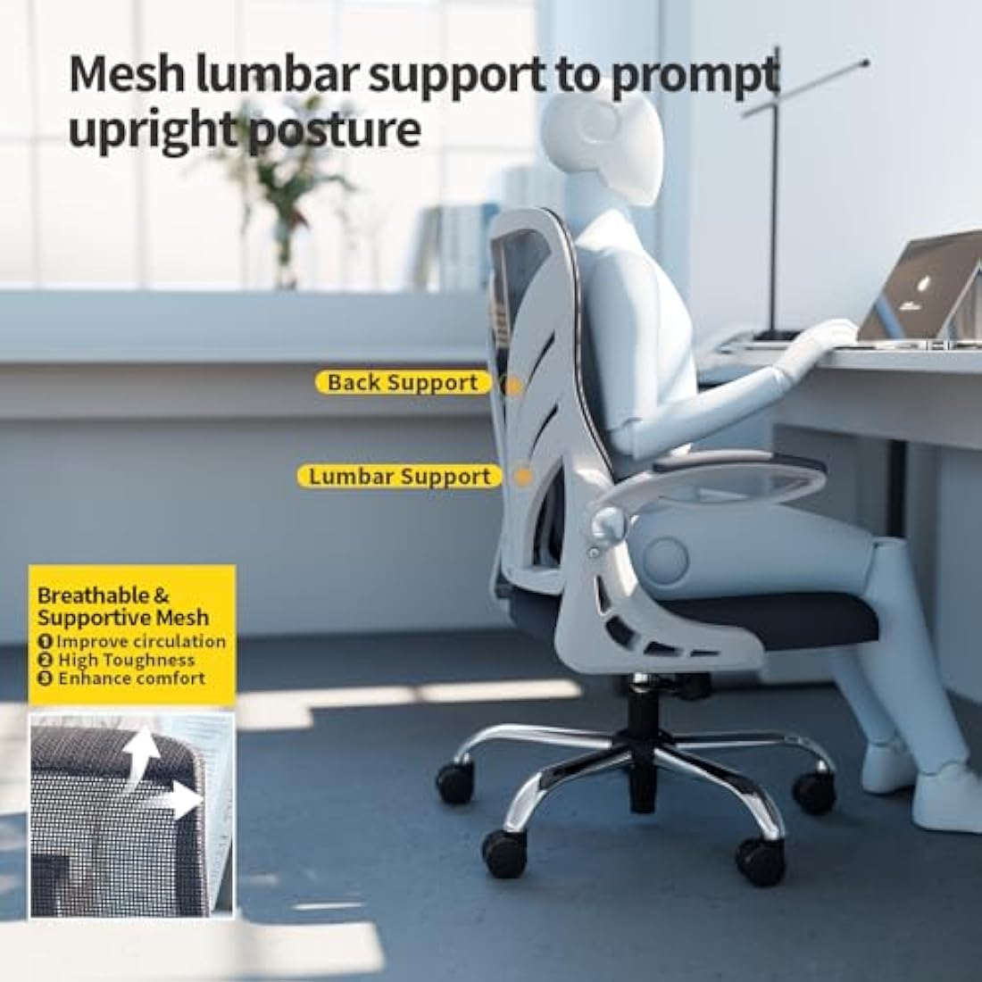 HOLLUDLE Ergonomic Office Chair with Foldable Backrest, Computer Desk Chair with Flip-up Armrests, Mesh Lumbar Support and Tilt Function Big and Tall Office Chair, White