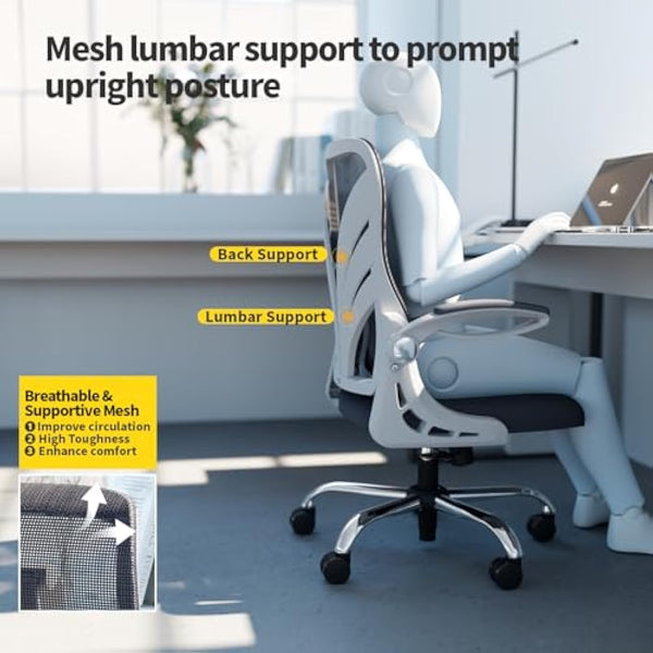 HOLLUDLE Ergonomic Office Chair with Foldable Backrest, Computer Desk Chair with Flip-up Armrests, Mesh Lumbar Support and Tilt Function Big and Tall Office Chair, White