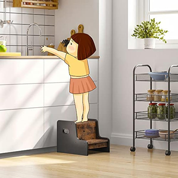 HOOBRO Step Stool for Kids, Two Step Toddler's Stool, Wooden Step Stool with Non-Slip Pads, Safe and Sturdy, Easy to Move, for Sink, Kitchen, Bathroom, Bedroom, Rustic Brown and Black EBF01JD01G1