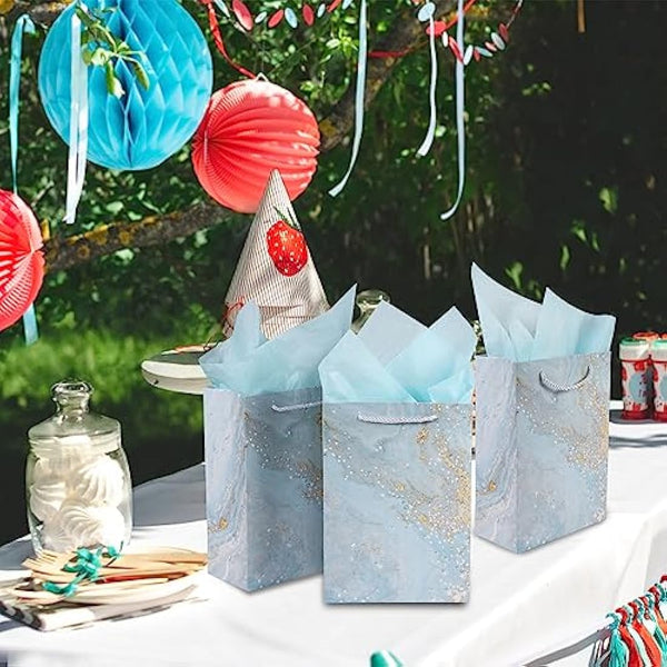10 Pieces Gift Bag Medium Size Present Bag with Handle 10 Tissue Paper Gift Bags for Birthday Party 20X 10 X 28 cm Marbling Design