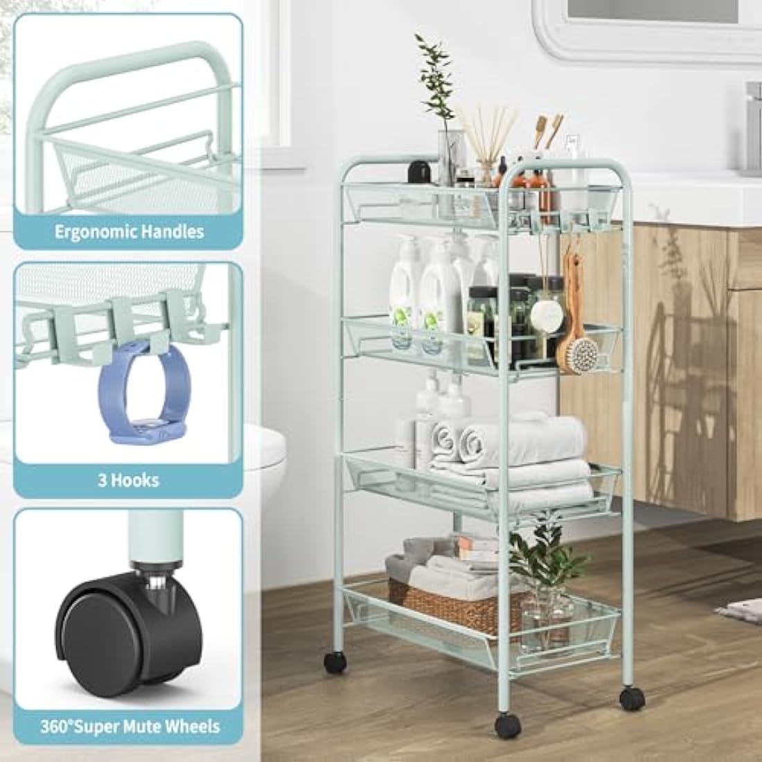 APEXCHASER 4-Tier Rolling Cart,Easy Assemble Mobile Storage Trolley On Wheels,Slide Out Utility Cart Shelving Units Kitchen Bathroom Laundry Room,Green