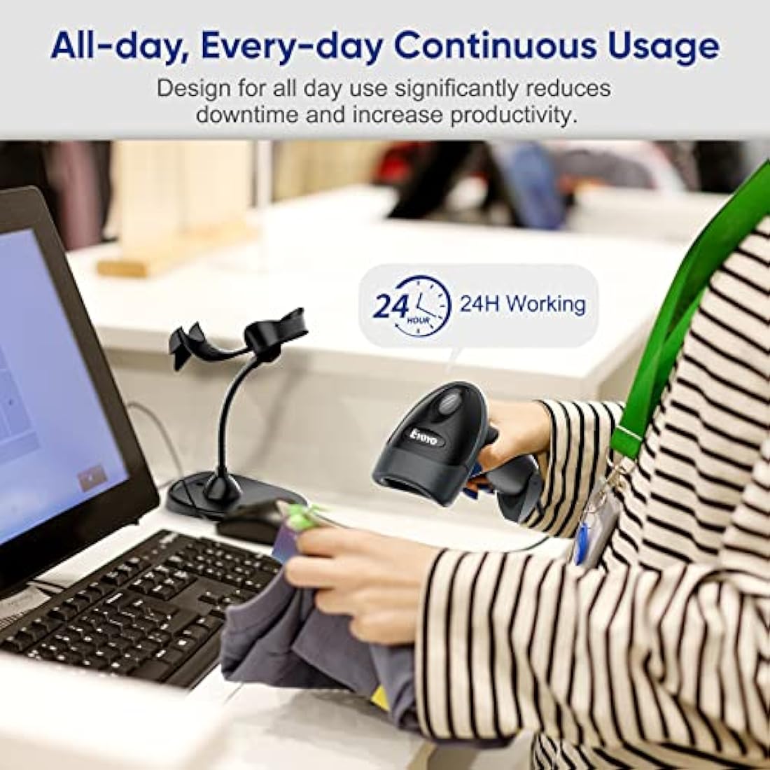 Eyoyo Handheld 2D Barcode Scanner with Gooseneck Stand, Automatic USB Wired QR Code Scanner Bar Code Reader Support Screen Scanning for PC POS System Library Store Supermarket Check-Out, Inventory…