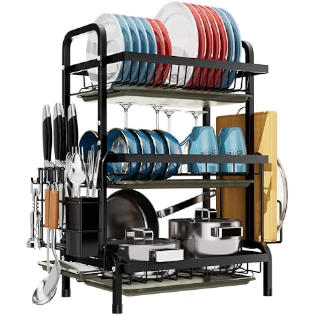 Dish Drainers Rack with Drip Tray, 3 Tier Large Dish Drying Rack with Draining Board and Cutlery /Chopping Board Holder over Sink, Dish Dryer Rack For Plate/Utensil on Kitchen Countertop (3-tier)