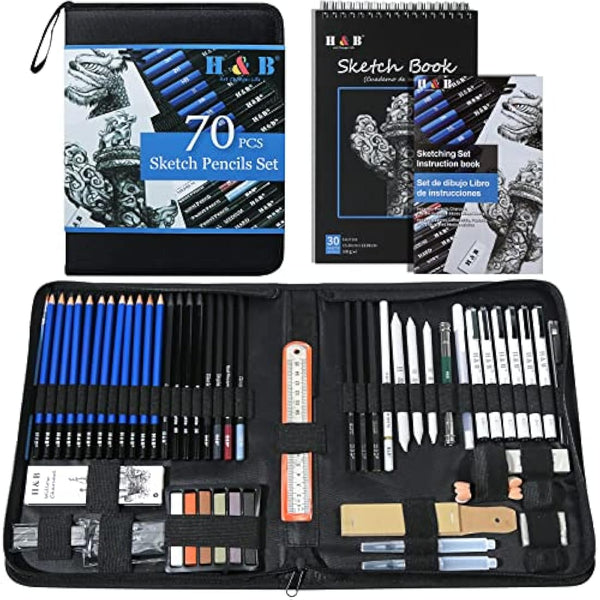 H & B 70 Pack Sketching Pencil Set with Sketchbook, Professional Sketch Pencils for Drawing, Art Supplies for Adults, Artists, Beginners