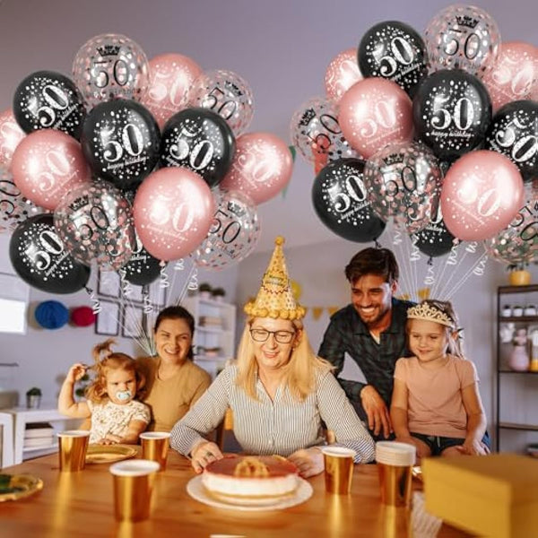 50th Birthday Decorations for Women, Pack of 15 Happy 50th Birthday Balloons Black Rose Gold Confetti Latex Helium Balloons for Her Age 50 Years Old 50th Birthday Party Decor Celebration Supplies