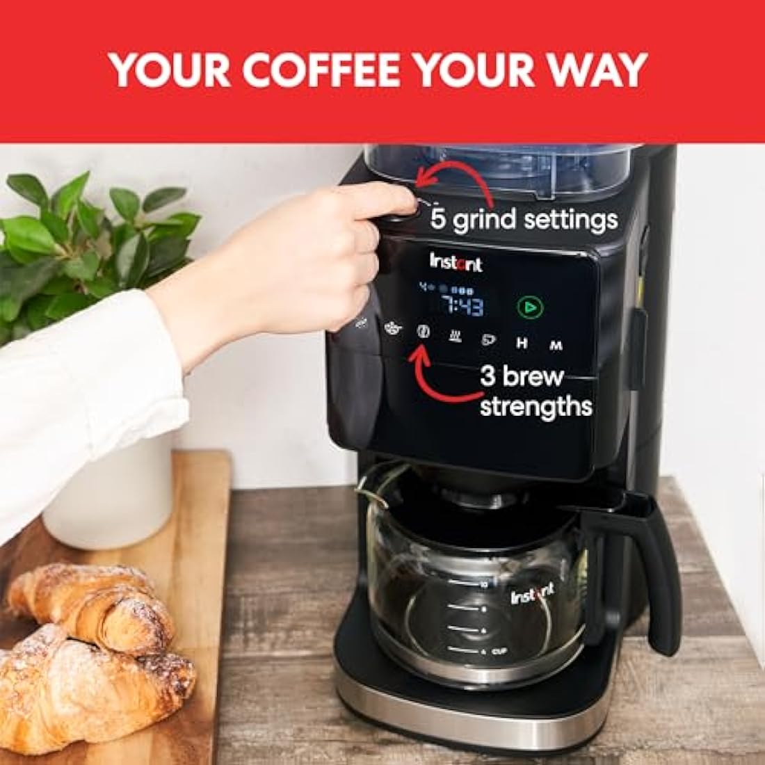 Instant Grind and Brew Bean to Cup Coffee Maker, 24 Hour Programmable Filter Coffee Machine, Reusable Filter, Glass Carafe, Digital Display - 4-10 cup Customisable Brewing & Automatic Bean Grinder
