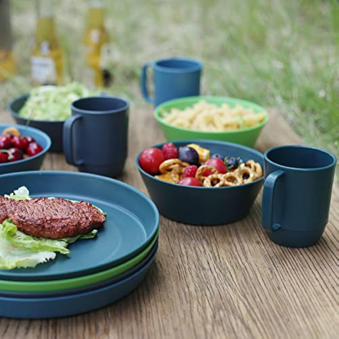 Greentainer Plastic Unbreakable Dinnerware Sets,12PCS Camping Tableware, Lightweight Plates, Bowls and Mugs, Microwave& Dishwasher Safe Plates Set, Service for 4, Great for Kids & Adults