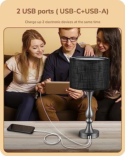 EDISHINE Bedside Lamps Set of 2, 3 Way Dimmable Touch Lamp with USB Charging, Table Lamps for Living Room, Bedroom, Black Linen Shade (LED Bulbs Included)