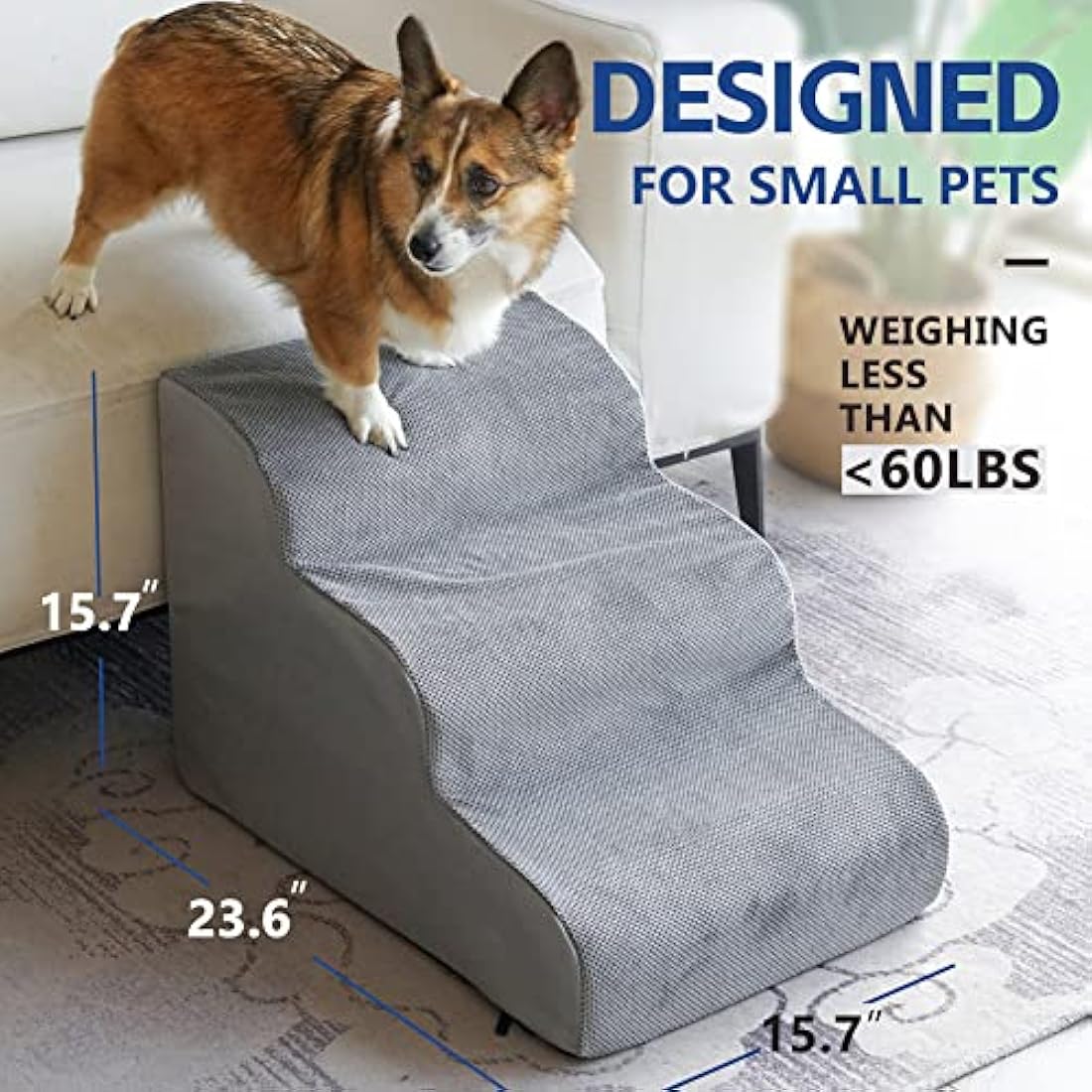 3 Tiers Foam Dog Stairs for High Bed, Easy to Carry with Handle Design, High Density Foam Dog Ramp for Small Dogs, Pet Steps for Older Dogs/Cats with Joint Pain, Ramp Stairs for Couch
