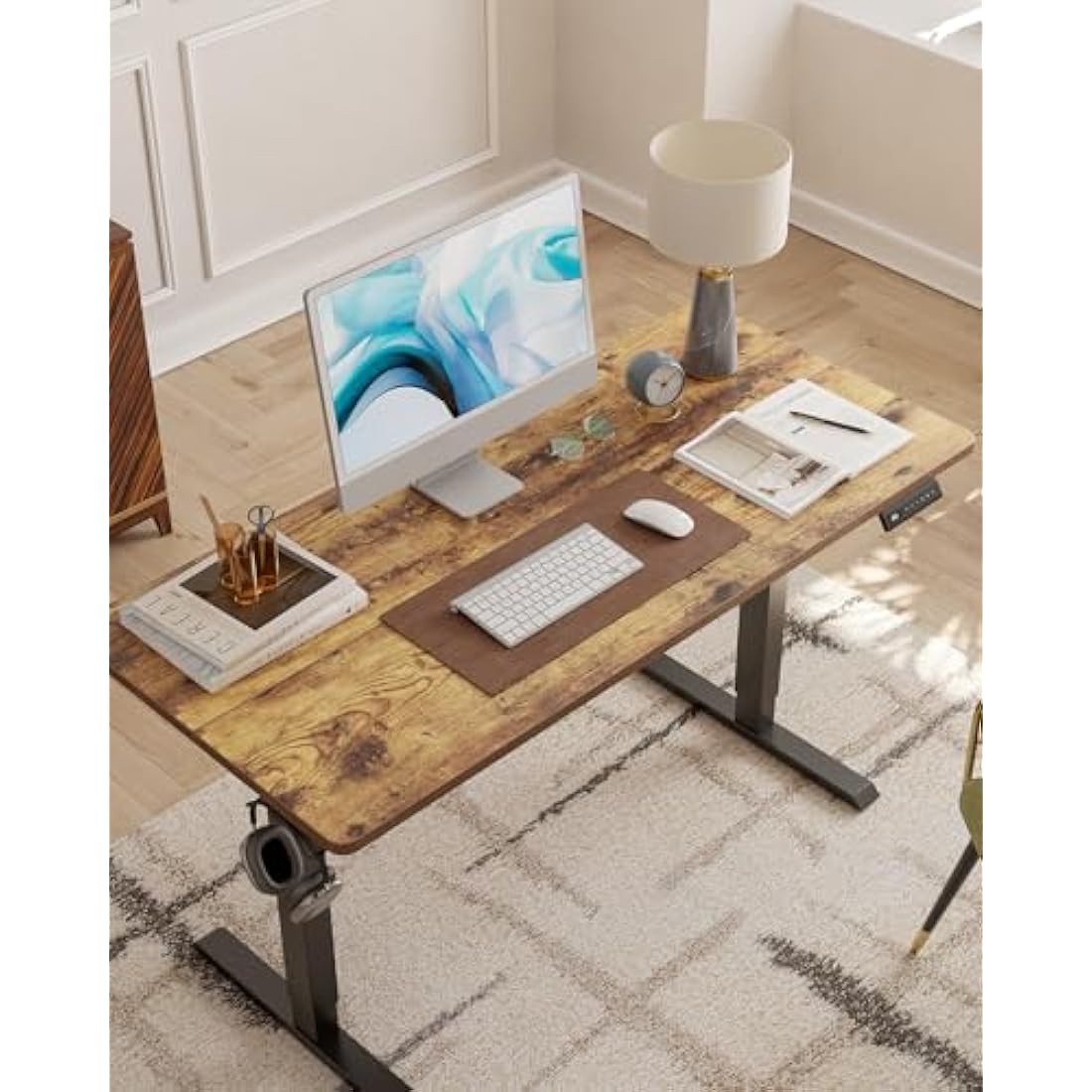 FEZIBO Electric Height Adjustable Standing Desk with digital display control panel, 60x100cm Ergonomic Home Office Table for sit stand with Splice Board & Rustic Wood Grain Surface