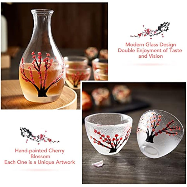 DUJUST Japanese Sake Set for 4, Handcraft Pink Cherry Blossoms Design, 1 Sake Bot