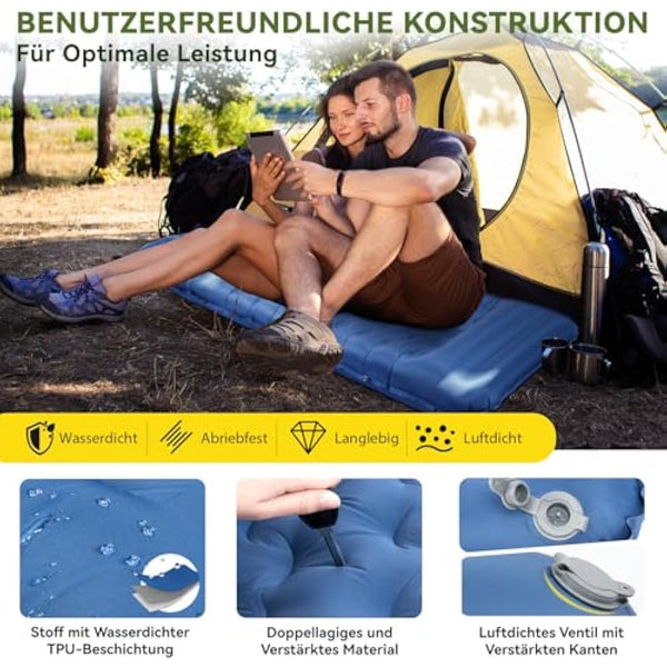 HIKENTURE Self-Inflating Sleeping Mat, 13 cm Ultra Thick Sleeping Mat Camping with Cushion, Inflatable Air Mattress, Small Pack Size, Ultralight Sleeping Mat with Foot Pump for Outdoor, Hiking, Tent,