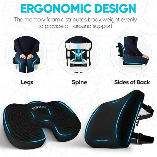 FORTEM Office Chair Cushion and Back Support for Office Chair, Lumbar Support Pillow, Memory Foam, Non Slip Sitting and Back Rest for Gaming, Car Seat Cushion, Chair Pad