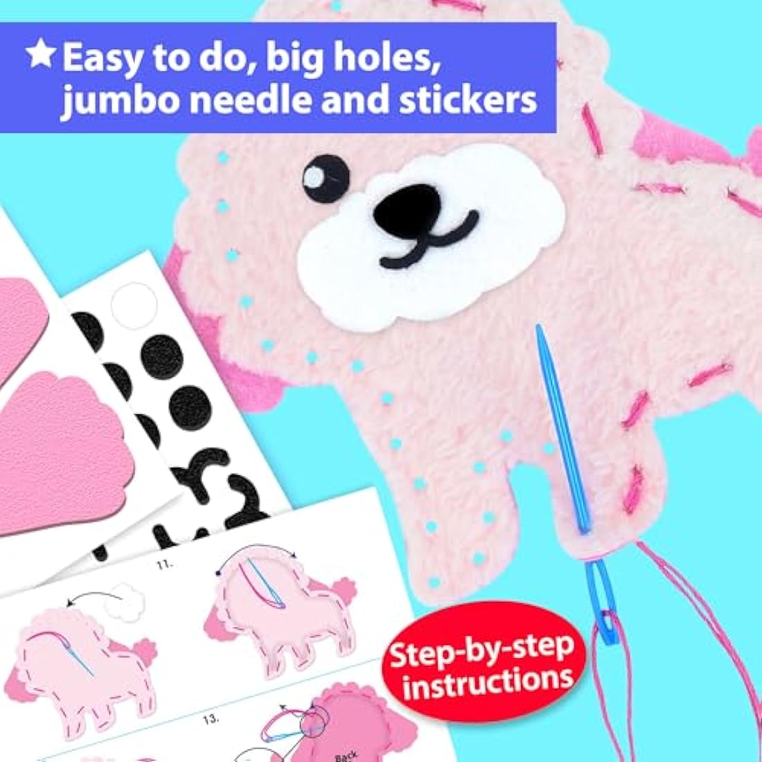 KRAFUN Easy Sewing Kit for Kids, Beginner Crafts with 8 DIY Stuffed Dolls (Puppies, Kittens, Dogs, Cats), Felt Materials, Instructions, Embroidery Supplies, Pre-Punched Fabric, Gift for Girls & Boys