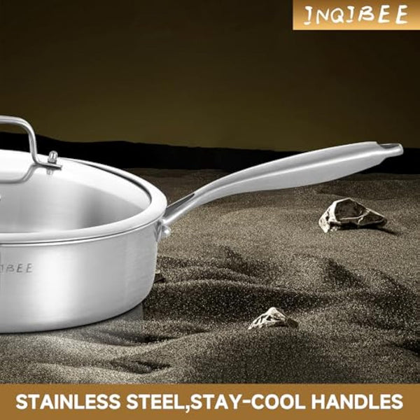 Inqibee 2.5 L Tri-Ply Stainless Steel Sauté Pan with Lid,26 CM Induction Frying Pan,Detachable Ergonomic Handle and Oven Safe