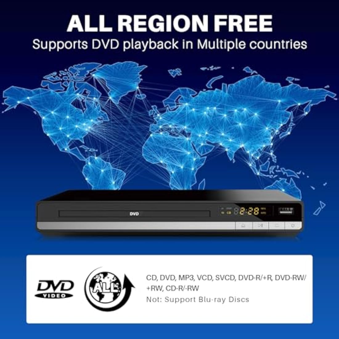 HD DVD Player for TV, Multi Region DVD Player for Smart TV, HDMI/RCA Output Cable Included, 1080P, Breakpoint Memory, Built-in PAL/NTSC, CD Players for Home (Not Support Blu-ray Discs)