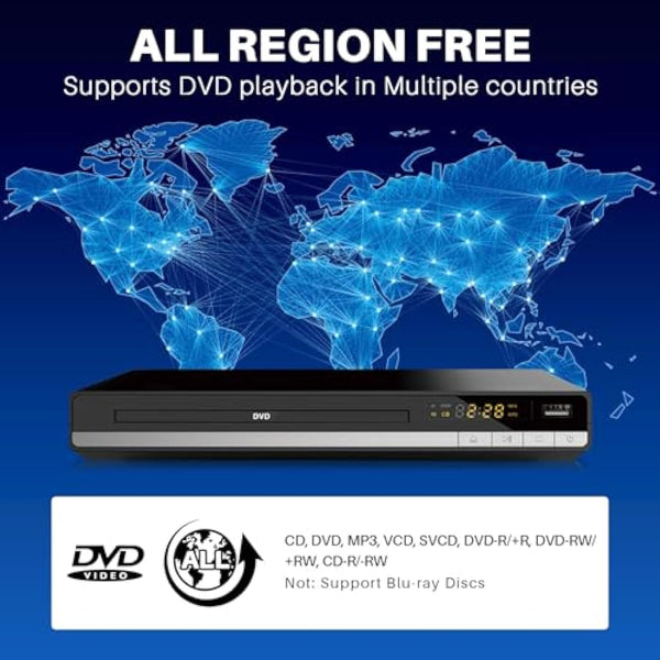 HD DVD Player for TV, Multi Region DVD Player for Smart TV, HDMI/RCA Output Cable Included, 1080P, Breakpoint Memory, Built-in PAL/NTSC, CD Players for Home (Not Support Blu-ray Discs)