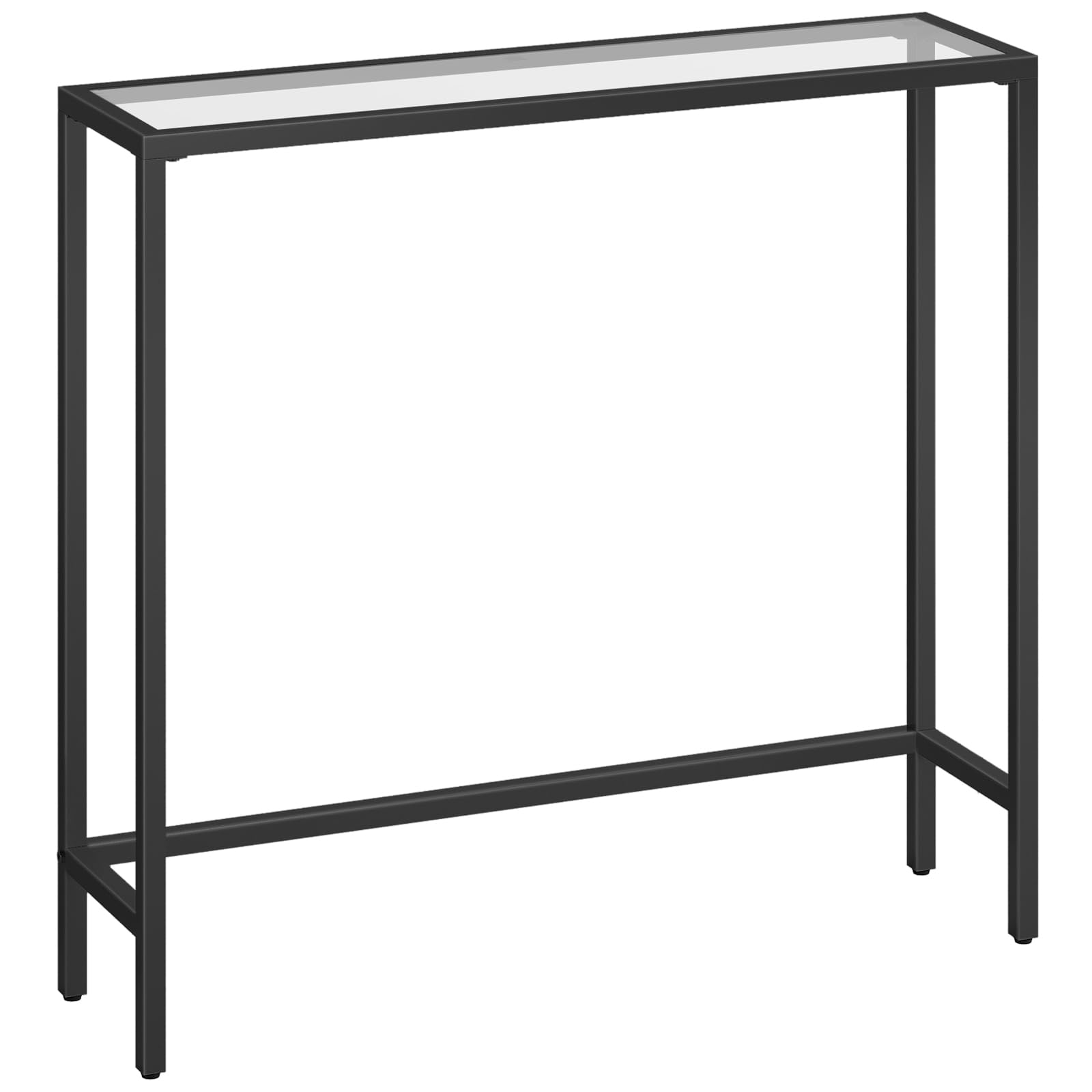 HOOBRO Slim Hallway Console Table, Tempered Glass Sofa Table, 75 x 22 x 80 cm, Modern Display Table for Living Room, Metal Frame, Sturdy, Black